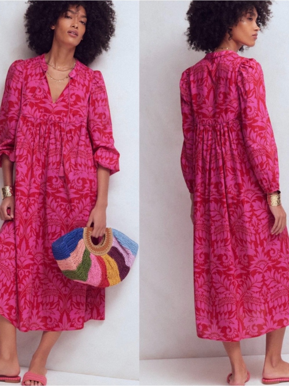 Boden Boho Tie Neck Kaftan in Red Ornamental Foliage